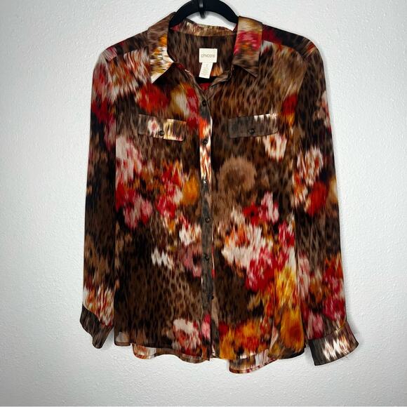 Chico's Sheer Blouse Fall Watercolor Floral Brown Orange Red Women's size 1 (MP) - Picture 1 of 4